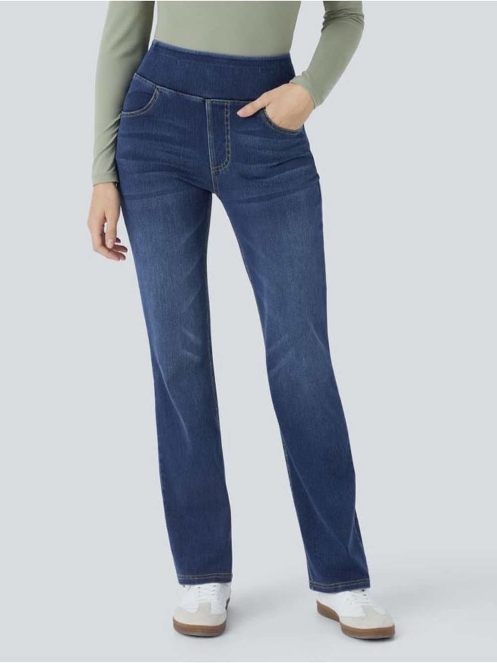Halara Flex High Waisted Pockets Washed Casual Bootcut Jeans Size L Petite